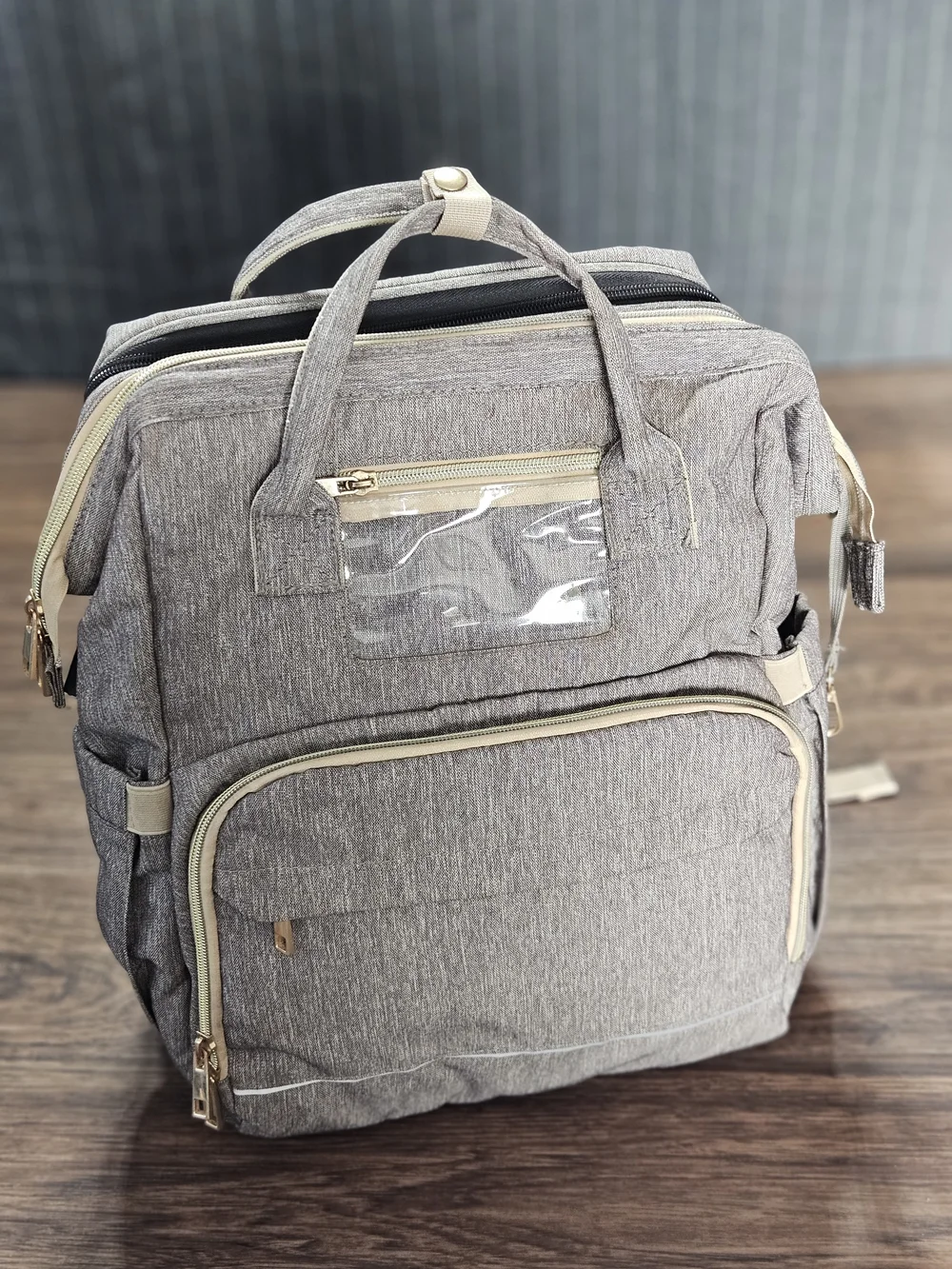 Tan/Gray Diaper Bag Backpack Fold Out Changing Station USB Large Capacity